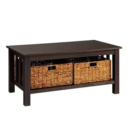 Coastal Coffee Table With Lower Shelf And Faux Rattan Baskets - Espresso - Estes Brands, LLC