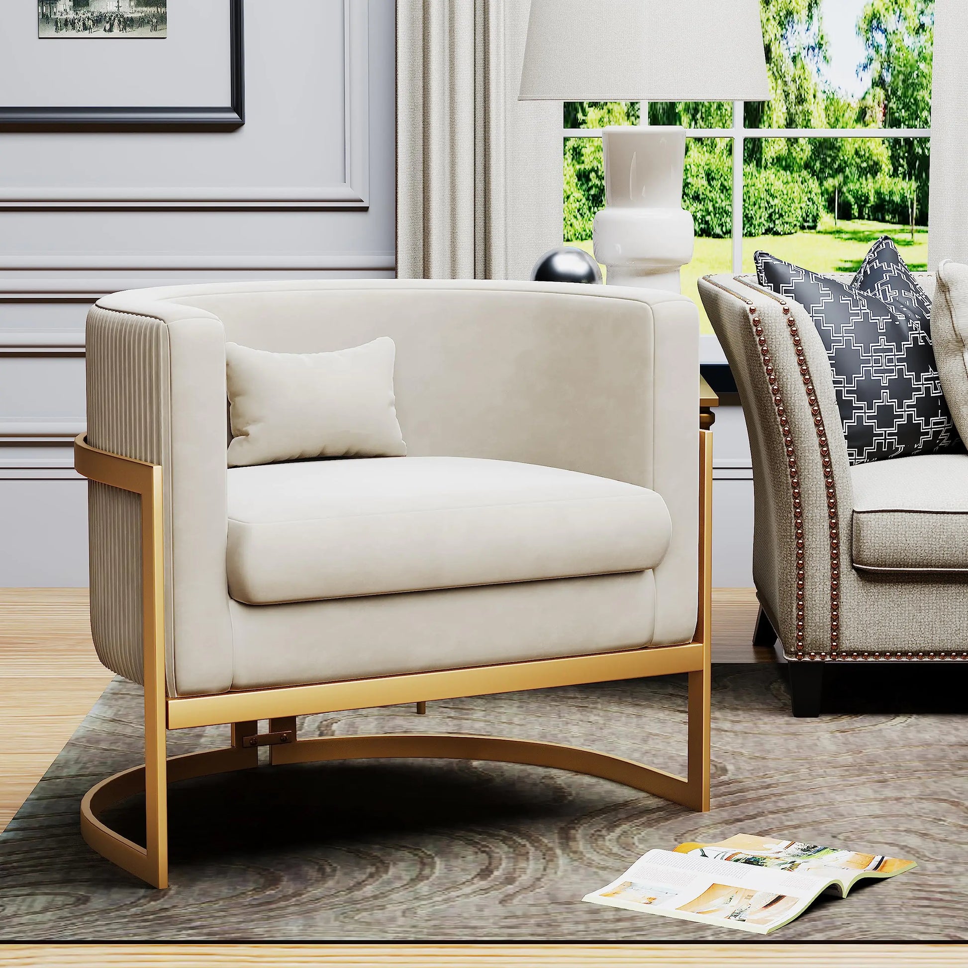 Apeaka Velvet Accent Chair Modern Barrel Chair with Gold Legs Upholstered Armchair for Bedroom Living Room Sofa Chair Club Side Chairs Ivory - Estes Brands, LLC